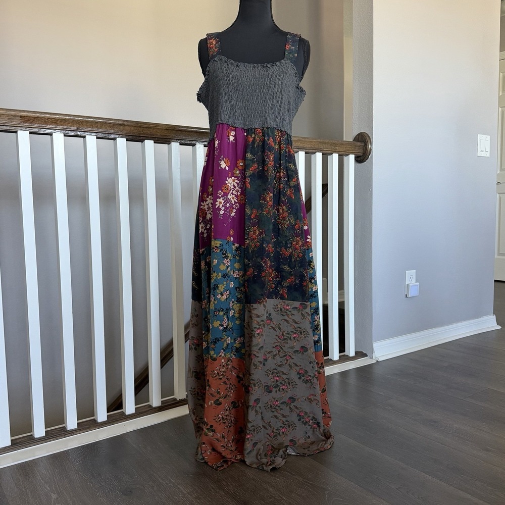 Natural Life Smocked Patchwork Maxi Dress Large Boho Cottage Whimsigoth Festival